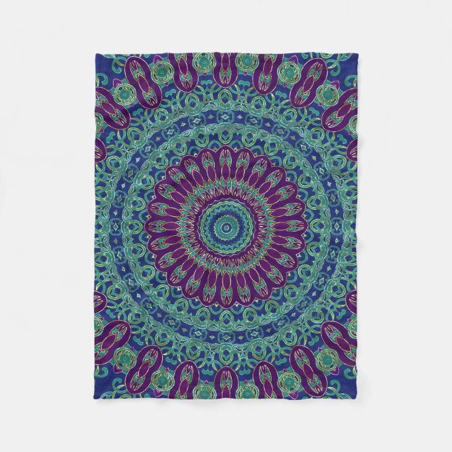 Purple, Blue and Green Mandala Fleece Blanket (Front)