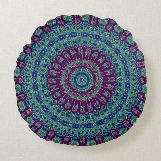 Purple, Blue and Green Mandala Round Cushion (Front)