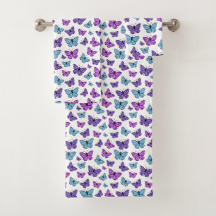 Purple, Blue, and Pink Butterfly Pattern Bath Towel Set