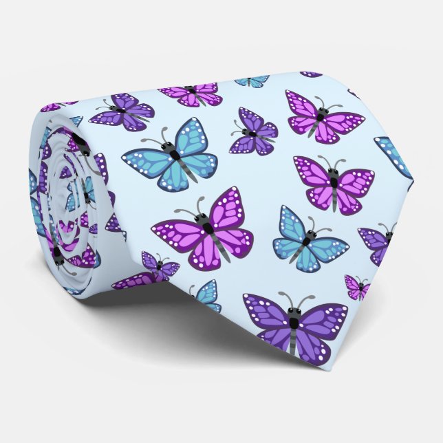 Purple, Blue, and Pink Butterfly Pattern Tie (Rolled)