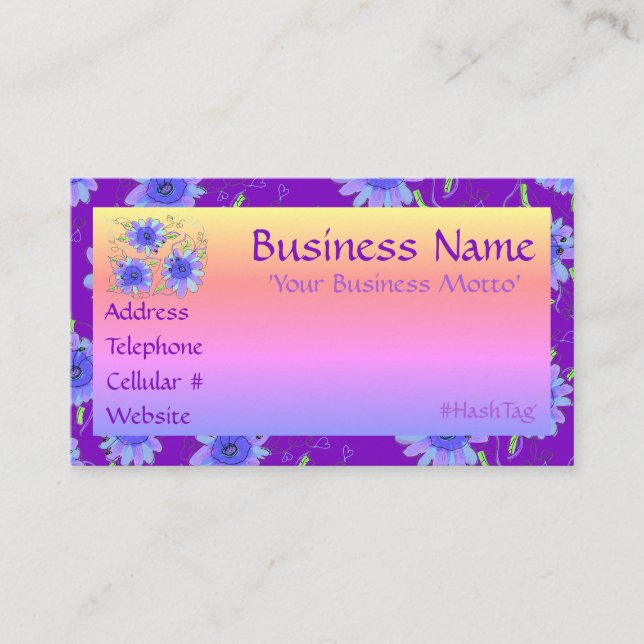 Purple Blue And Pink Flowered Business Card (Front)