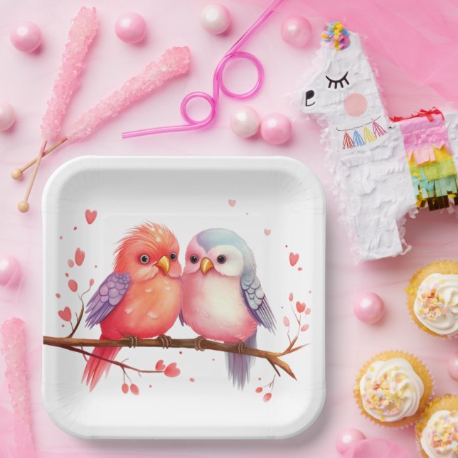 Purple, Blue and Pink Lovebirds  Paper Plate (Party)