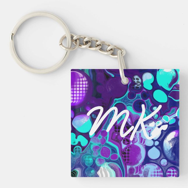 Purple, Blue and Teal Abstract Fluid Art Key Ring (Front)