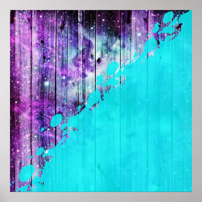 Purple, Blue,and Teal Wood Planks & Paint Splatter Poster (Front)