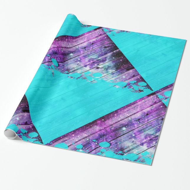 Purple, Blue,and Teal Wood Planks & Paint Splatter Wrapping Paper (Unrolled)