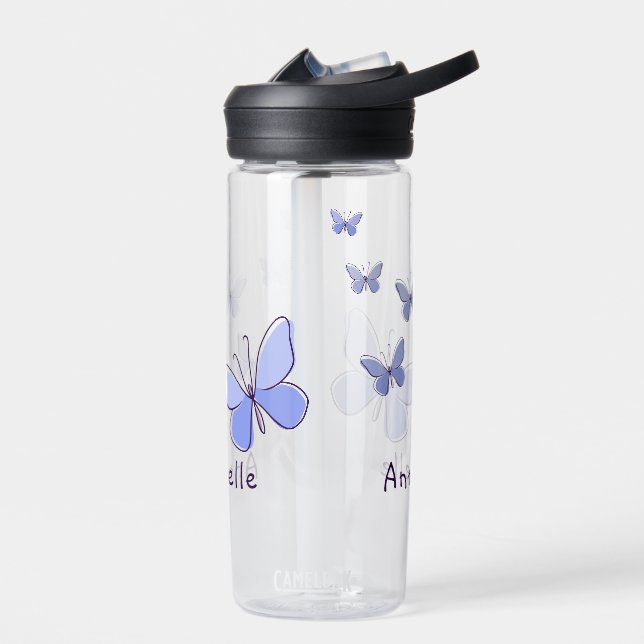 Purple Blue Butterfly Doodle Your Name Water Bottle (Left)