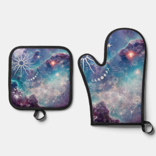 Purple Blue Celestial Pattern Oven Mitt & Pot Holder Set