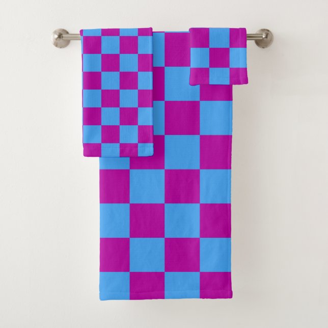 Purple Blue Chequered Check Pattern Bath Towel Set (Insitu)
