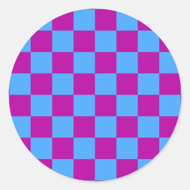 Purple Blue Chequered Check Pattern Classic Round Sticker (Front)