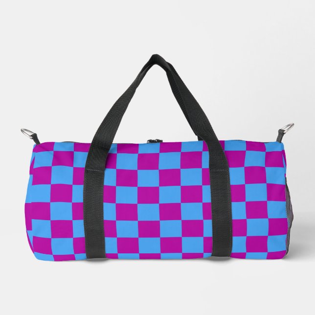 Purple Blue Chequered Check Pattern Duffle Bag (Front)