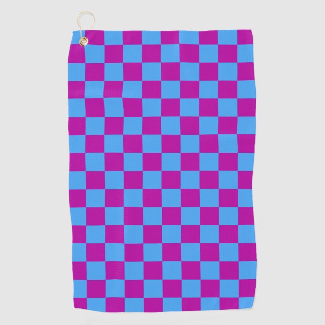 Purple Blue Chequered Check Pattern Golf Towel (Front)