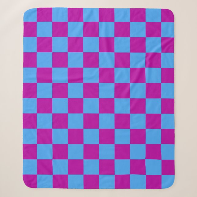 Purple Blue Chequered Check Pattern Sherpa Blanket (Front)