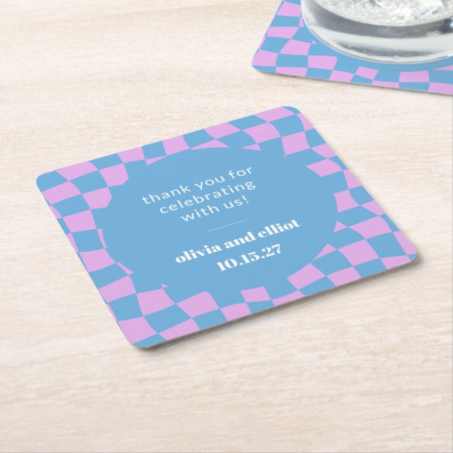 Purple Blue Chequered Retro Custom Couples Shower Square Paper Coaster (Angled)