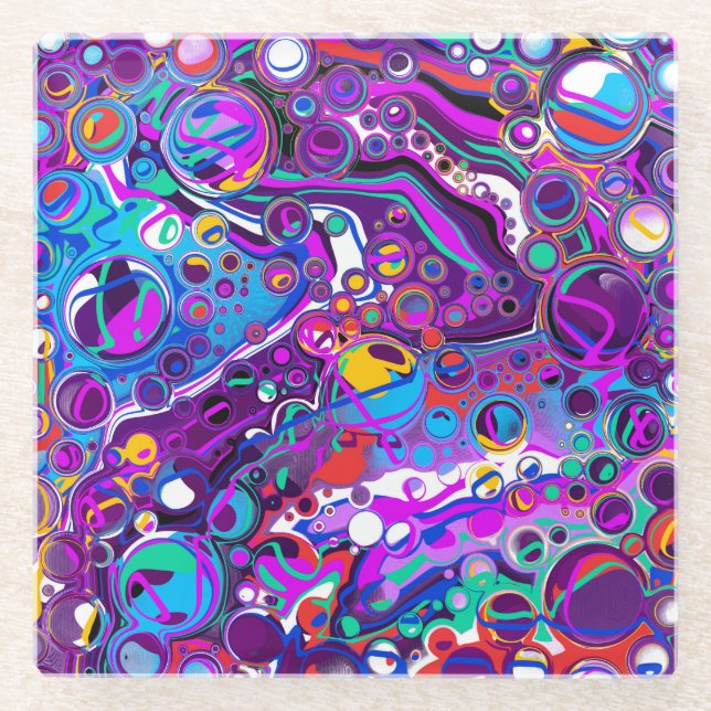 Purple, Blue Colourful Bubbles Abstract Modern  Glass Coaster (Front)