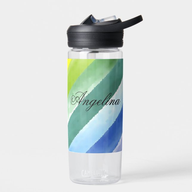 Purple blue diagonal stripe watercolor name school water bottle (Left)