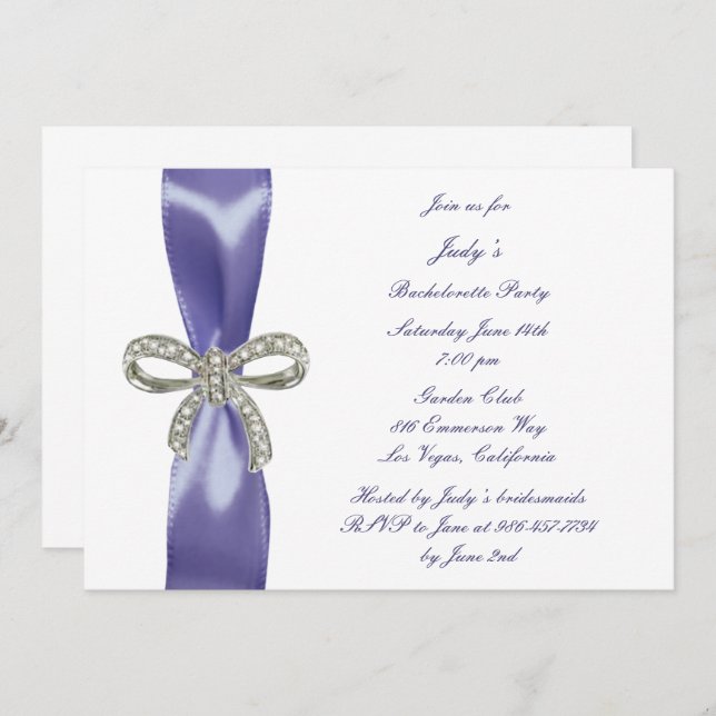 Purple Blue Diamond Bow Bachelorette Party Invitation (Front/Back)