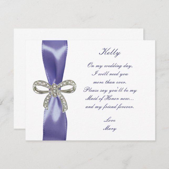 Purple Blue Diamond Bow Maid Of Honour Card (Front/Back)