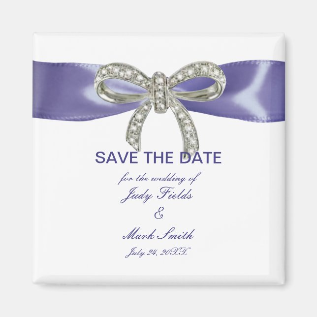 Purple Blue Diamond Bow Save The Date Magnet (Front)