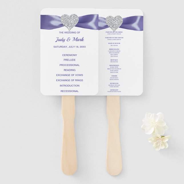 Purple Blue Diamond Heart Wedding Program Fans (Front and Back)