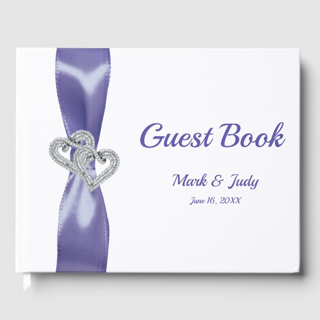 Purple Blue Diamond Hearts Wedding Guest Book (Front)