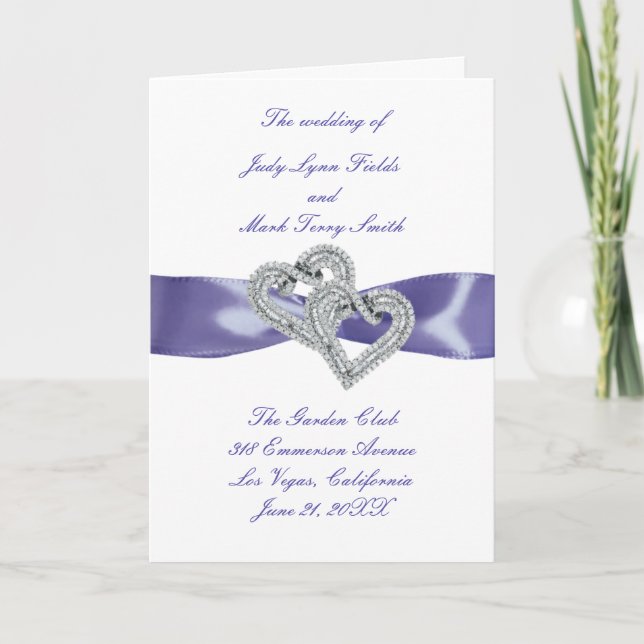 Purple Blue Diamond Hearts Wedding Program Card (Front)
