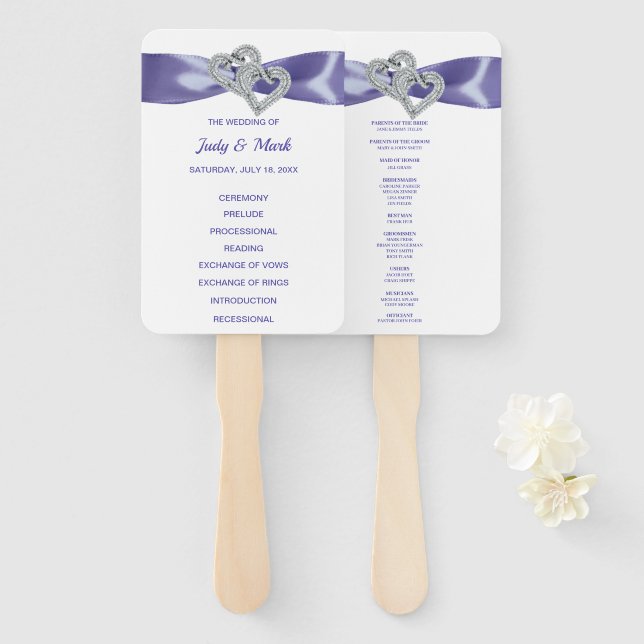 Purple Blue Diamond Hearts Wedding Program Fans (Front and Back)