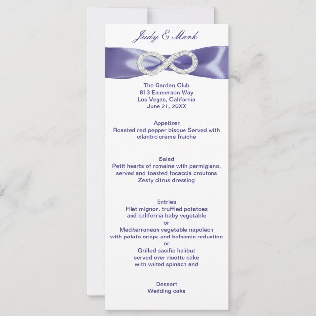 Purple Blue Diamond Infinity Wedding Menu Card (Front)