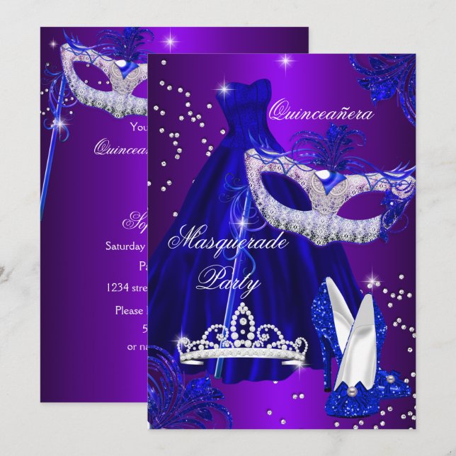 Purple & Blue Dress masquerade Quinceanera Invite (Front/Back)