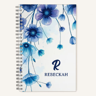 Purple Blue Elegant Watercolor Flowers Monogram Notebook