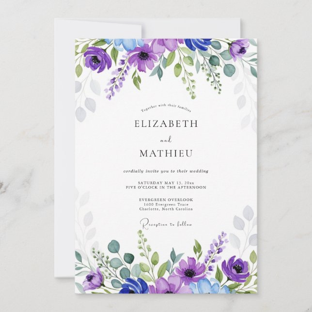 Purple Blue Ethereal Botanical Wedding Invitation (Front)