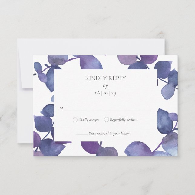 Purple Blue Eucalyptus Leaves Floral RSVP (Front)