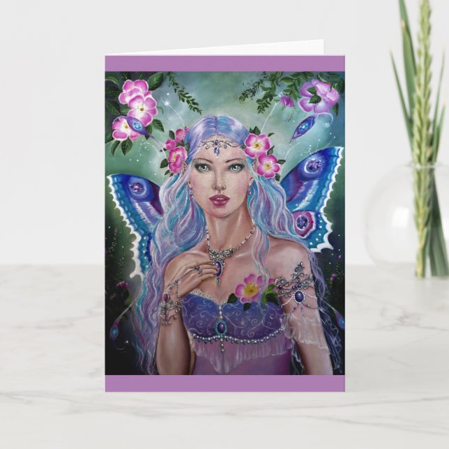 Purple blue fairy with wild roses greeting card (Front)