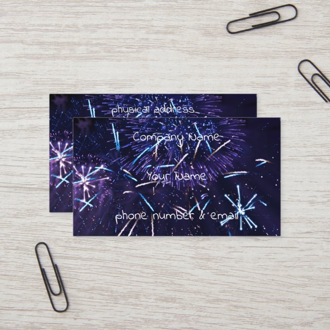 purple blue fireworks business card (Front/Back In Situ)