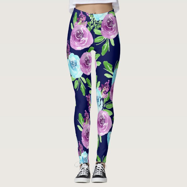 purple blue floral flower pattern leggings (Front)