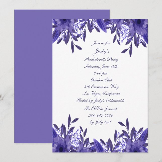 Purple Blue Floral Foliage Bachelorette Party Invitation (Front/Back)
