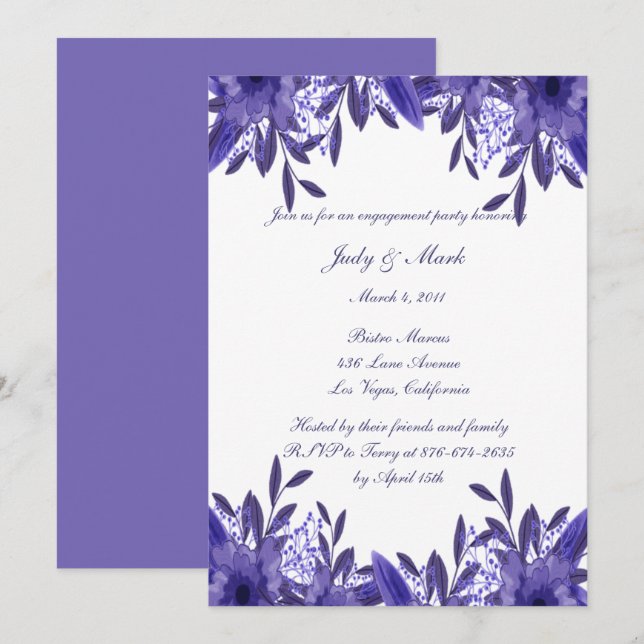Purple Blue Floral Foliage Engagement Party Invitation (Front/Back)