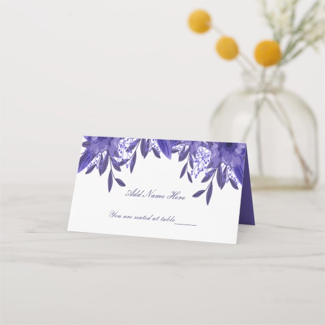 Purple Blue Floral Foliage Folded Table Place Card (Front)
