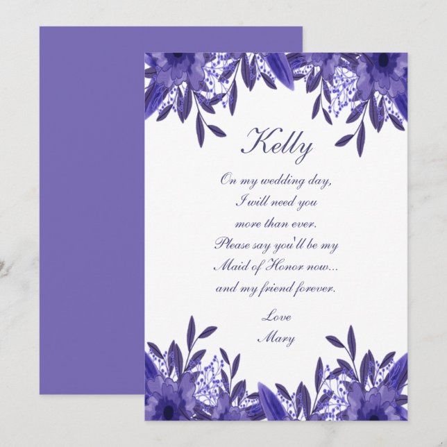 Purple Blue Floral Foliage Maid Of Honour Card (Front/Back)