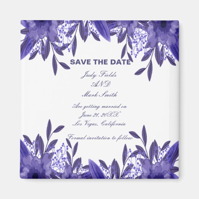 Purple Blue Floral Foliage Save The Date Magnet (Front)