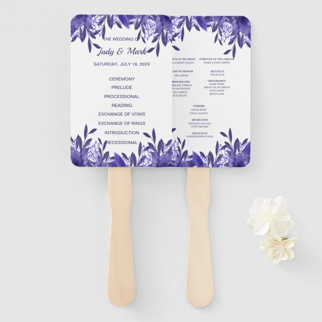 Purple Blue Floral Foliage Wedding Program Fans (Front and Back)