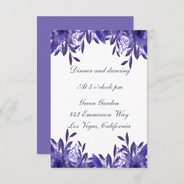 Purple Blue Floral Foliage Wedding Reception Card (Front/Back)