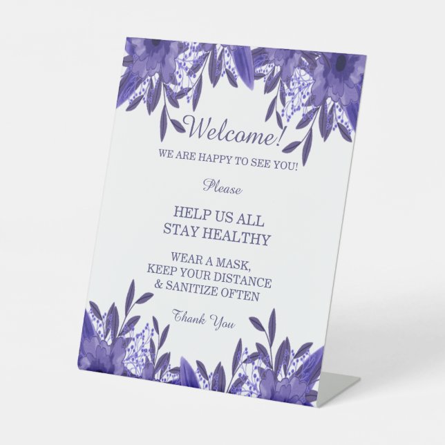 Purple Blue Floral Foliage Wedding Safety Pedestal Sign (Front)