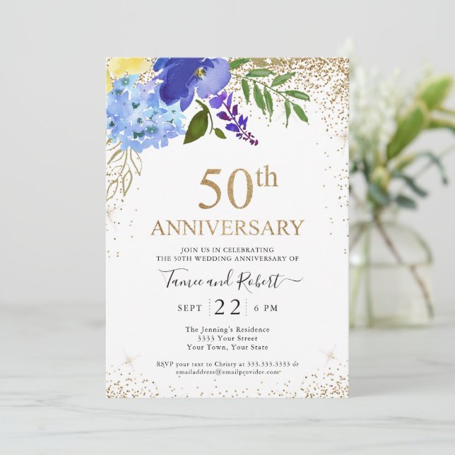Purple Blue Floral Gold 50th Wedding Anniversary Invitation (Standing Front)