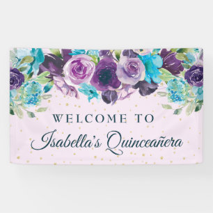 Purple Blue Floral Gold Glitter Quinceañera  Banner