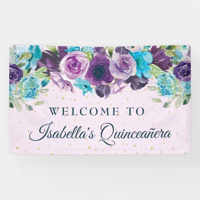 Purple Blue Floral Gold Glitter Quinceañera  Banner (Horizontal)