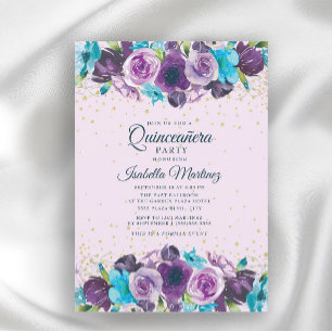 Purple Blue Floral Gold Glitter Quinceañera  Invitation