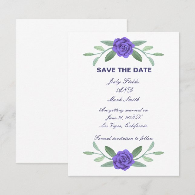 Purple Blue Floral Greenery Foliage Save The Date Announcement (Front/Back)