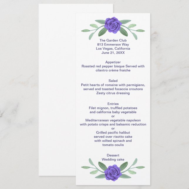 Purple Blue Floral Greenery Foliage Wedding Menu (Front/Back)
