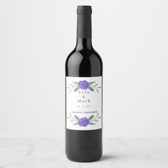 Purple Blue Floral Greenery Foliage Wedding  Wine Label (Front)
