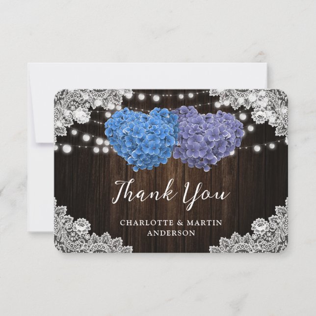 Purple Blue Floral Heart Wood Lace Wedding Thank You Card (Front)